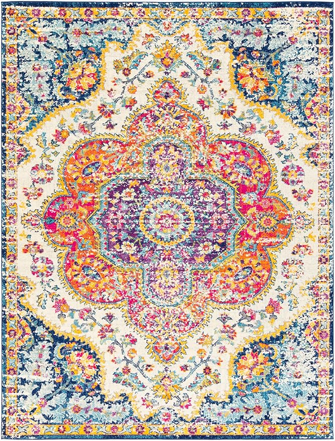 Livabliss Area Rugs - 9x12 Romaine Vintage Boho Fuchsia Mustard Blue Area Rug for Living Room Bedroom - Floral Medallion Stain Resistant Carpet for Kitchen, Nursery, Office (9' x 12'6")