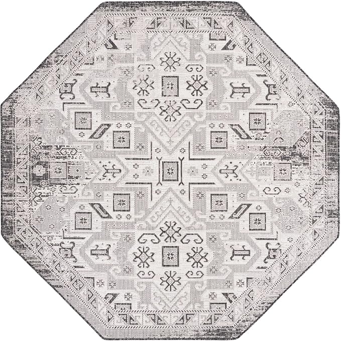 Unique Loom Outdoor Aztec Collection Area Rug - Coba (7' 10" Octagon, Charcoal Gray/ Ivory)