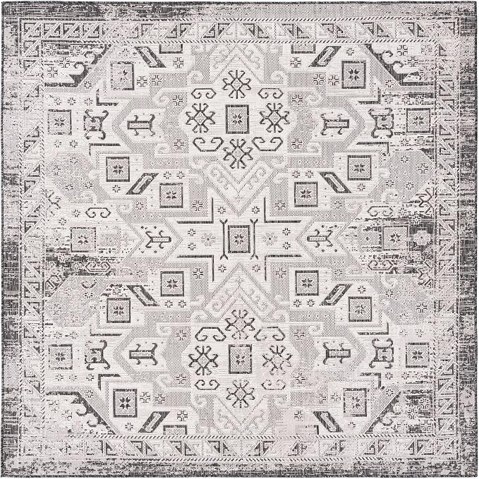 Unique Loom Outdoor Aztec Collection Area Rug - Coba (7' 10" Square, Charcoal Gray/ Ivory)