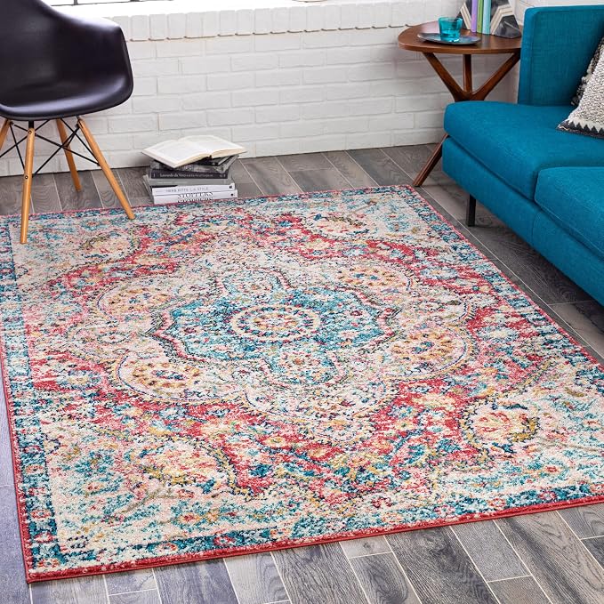 Livabliss Area Rugs - 2x3 Romaine Vintage Boho Rose Navy Sky Blue Area Rug for Living Room Bedroom - Floral Medallion Stain Resistant Carpet for Kitchen, Nursery, Office (2' x 3')