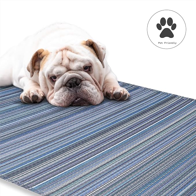 Fab Habitat Striped Outdoor Rug - Waterproof, Fade Resistant, Crease-Free, Reversible - Premium Recycled Plastic - Patio Porch Balcony Deck - Cancun Indigo - 8x10 ft