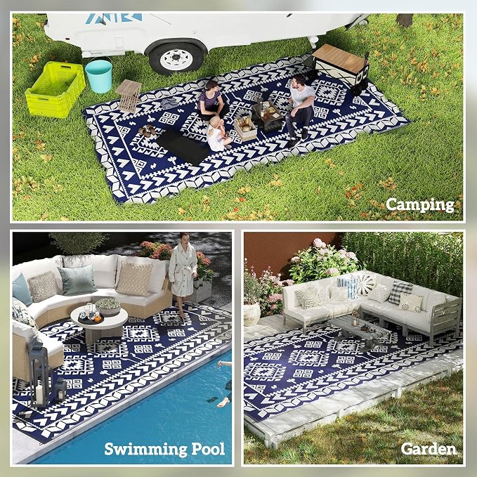 Outsunny Outdoor Rug for Patio, 9' x 18' Waterproof Large Mat, Reversible Plastic Straw Rug for Decor, Portable Outside RV Camping Area Carpet Mat for Backyard Porch Deck Picnic, Blue & White Rhombus