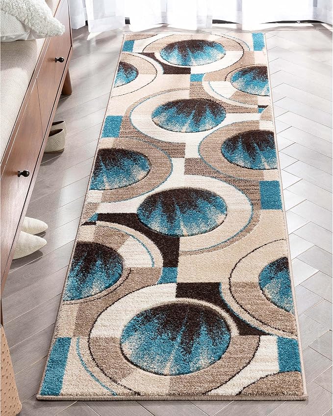 Well Woven Ruby Geometric 2x7 Runner Blue & Grey Vibrant Modern Contemporary Hand Carved Sunburst Design Perfect for Hallways & Entryways Plush Easy-Care Easy-to-Clean