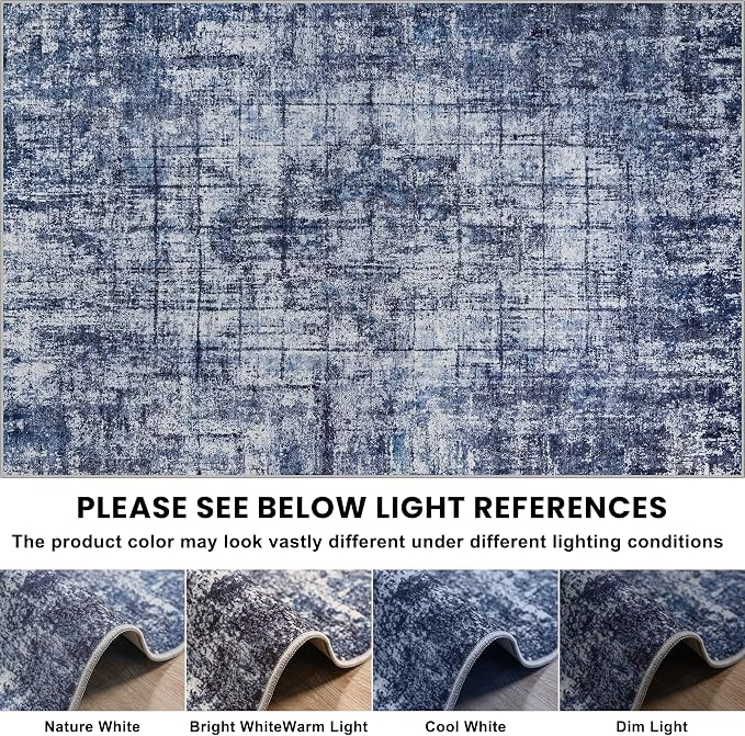 8x10 Washable Area Rug for Living Room Bedroom: Non-Slip Modern Navy Blue | Machine Washable TPR Backing, Stain-Resistant Low Pile, Pet & Kid Friendly, Abstract Decor for Dining Room, Dorm, Home Office