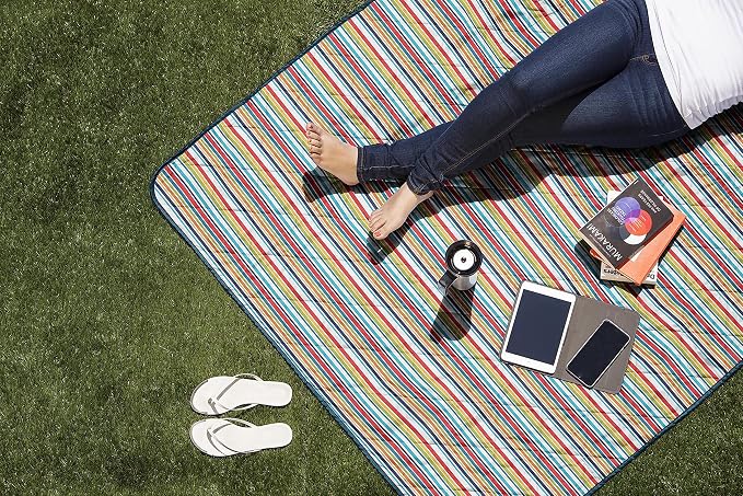 ONIVA - a Picnic Time brand - Vista Outdoor Picnic Blanket & Tote - Beach Blanket - Camping Blanket, (Fun Stripe Pattern with Aqua Blue Exterior), 16 x 11 x 3
