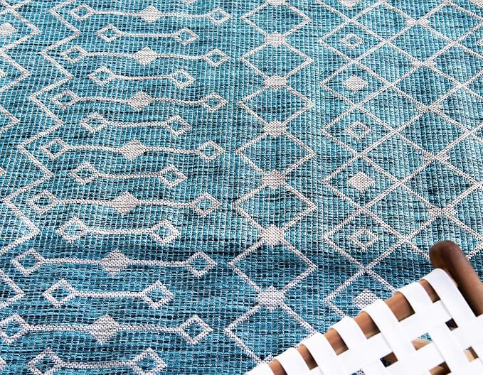 Unique Loom Outdoor Trellis Collection Area Rug - Tribal Trellis (9' x 12' Rectangle, Teal/ Ivory)
