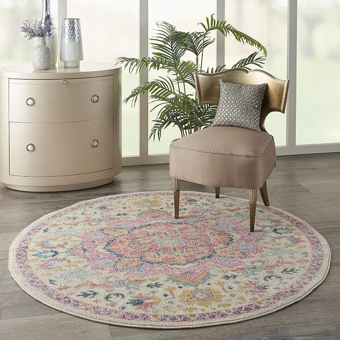 Nourison Home Passion Ivory Pink 4' x Round Area Rug - Easy Clean, Non Shedding, Bed Room, Living Room, Dining Room, Kitchen (4' x Round)