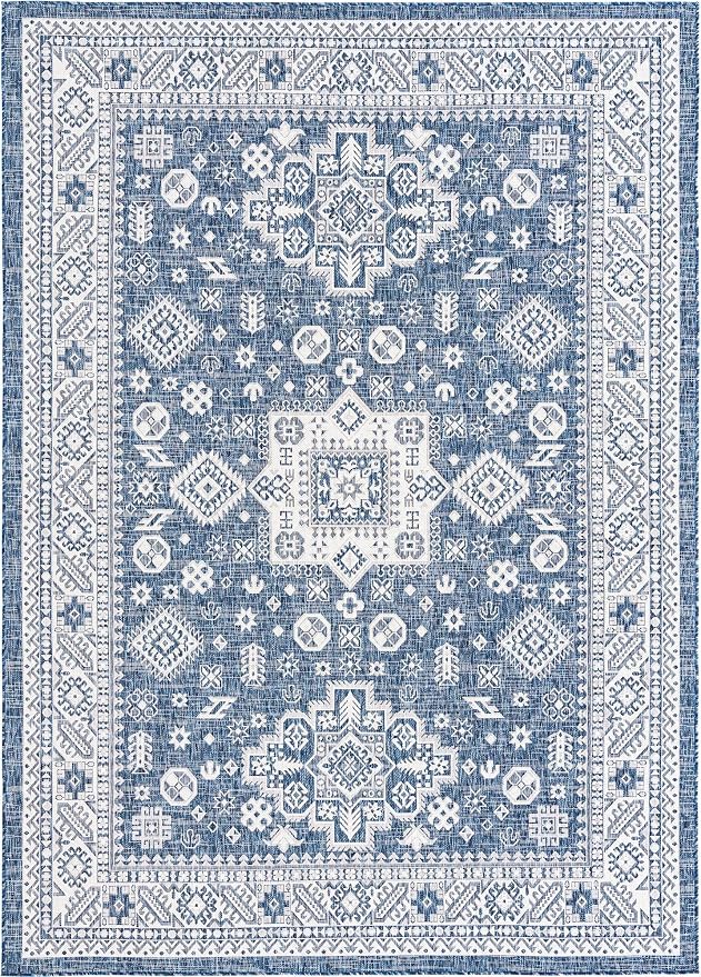 Unique Loom Outdoor Aztec Collection Area Rug - Chalca (7' 10" x 11' Rectangle, Blue/ Ivory)