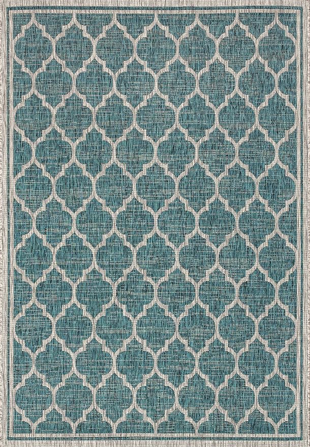 JONATHAN Y Moroccan Trellis Indoor Outdoor Area Rug 4X6 Teal/Gray, Trebol Textured Weave for Backyard, Patio, Porch, Easy-Cleaning, High Traffic, Pet-Friendly, Non-Shedding (SMB109E-4)