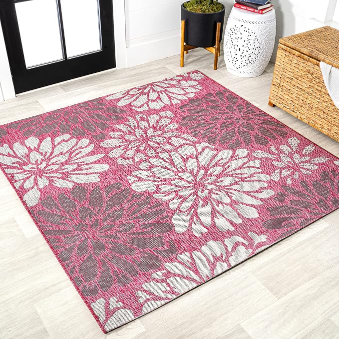 JONATHAN Y Floral Textured Weave Indoor Outdoor Square Area Rug 5X5 Fuchsia/Light Gray, Zinnia Modern for Backyard, Patio, Porch, Easy-Cleaning, High Traffic, Pet-Friendly, Non-Shedding (SMB110F-5SQ)