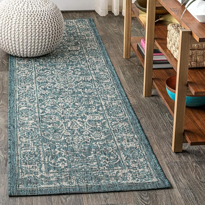 JONATHAN Y Weave Floral Indoor Outdoor Runner Rug 2X8 Teal/Gray, Tela Bohemian Textured for Backyard, Patio, Porch, Easy-Cleaning, High Traffic, Pet-Friendly, Non-Shedding (SMB100C-28)