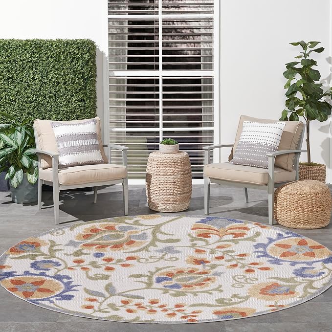 Nourison Home Aloha Ivory Blue 5'3" x Round Area Rug - Easy Clean, Non Shedding, Bed Room, Living Room, Dining Room, Kitchen (5' x Round)
