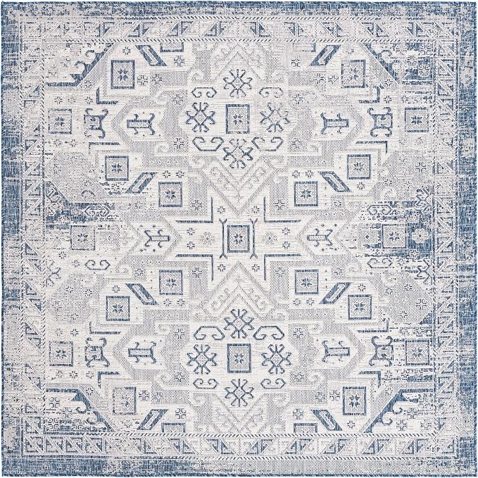 Unique Loom Outdoor Aztec Collection Area Rug - Coba (7' 10" Square, Blue/ Ivory)