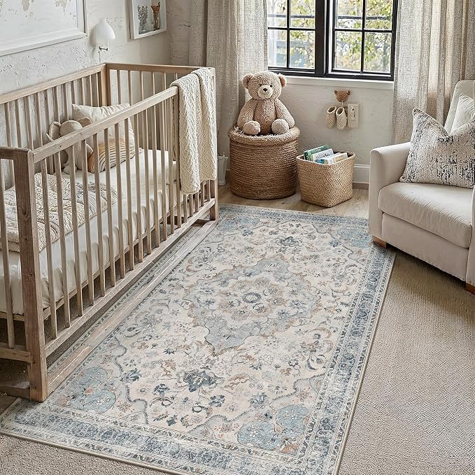 Blue Area Rug 4x6 Living Room Vintage Floral Non-Slip Carpet | Machine Washable, Soft, Low Pile, for Bedroom, Dining Room, Kids Room, Nursery, Office, Retro Neutral Decor