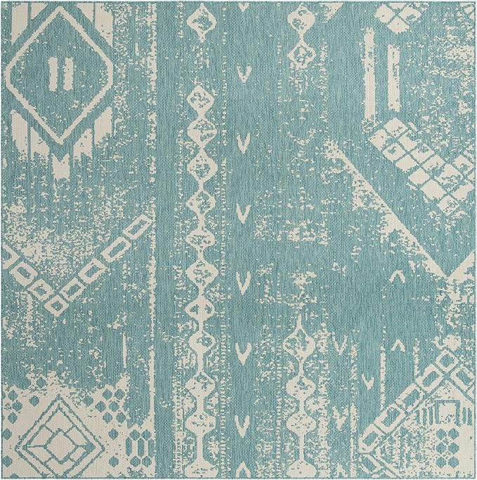 Unique Loom Outdoor Bohemian Collection Area Rug - Anthro (10' 8" Square Light Aqua/Ivory)