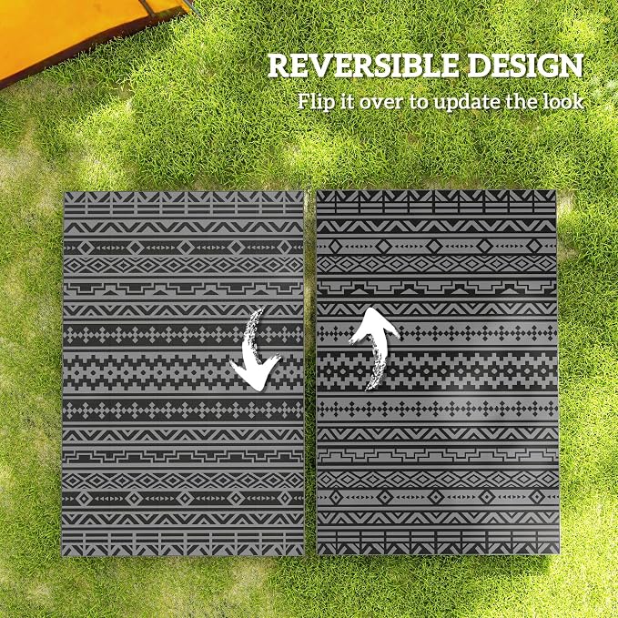 Outsunny Outdoor Rug for Patio, 6' x 9' Waterproof Large Mat, Reversible Plastic Straw Rug for Decor, Portable Outside RV Camping Area Carpet Mat for Backyard Porch Deck Picnic, Black Gray Geometric