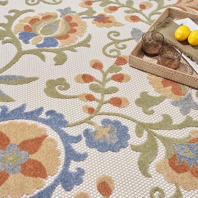 Nourison Home Aloha Ivory Blue 3'6" x 5'6" Area Rug - Easy Clean, Non Shedding, Bed Room, Living Room, Dining Room, Kitchen (4' x 6')