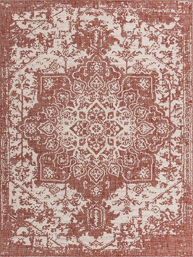 Unique Loom Outdoor Collection Area Rug - Dubai (9' x 12' Rectangle, Rust Red/ Ivory)