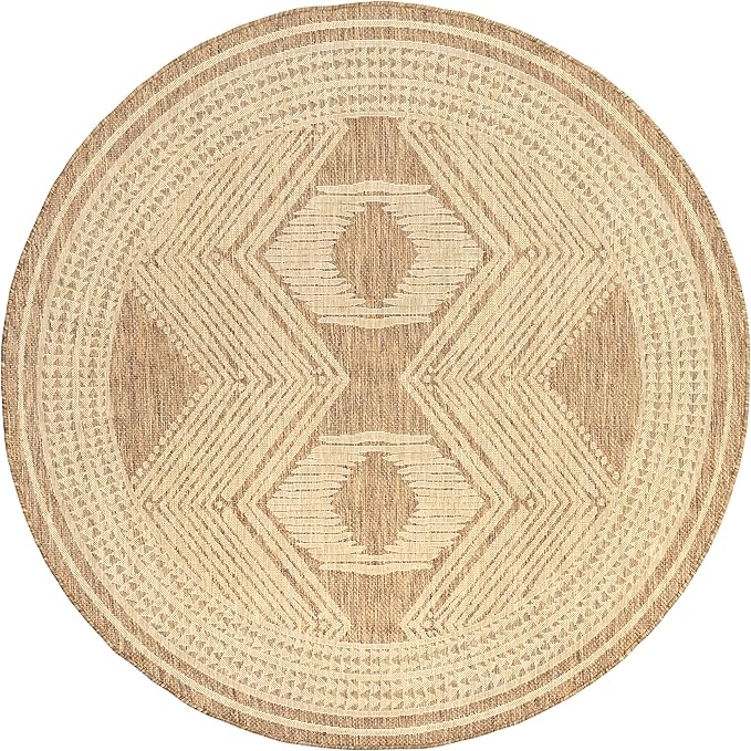 Nuloom Ranya Light Brown/Ivory, 6'7" Round, Tribal Geometric, Soft and Cozy, High Traffic, Stain Resistant, Easy Clean, Durable Area Rug for Indoor/Outdoor Patio, Deck, Porch, Garden, Courtyard