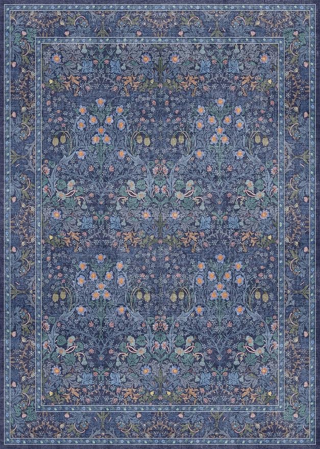 Dark Navy Blue Living Room Rug 5x7 Area Rug - Vintage Floral Forest Washable Mat for Dining Room, Bedroom, Low Pile Non Slip Stain Resistance Distressed Retro Indoor Boho Carpet