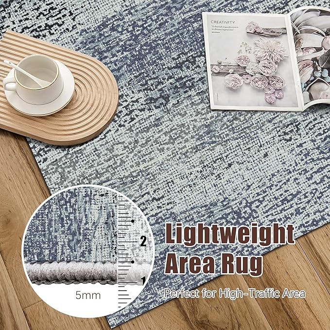 Washable Area Rug - 1/6 Thick - Stain & Water Resistant Non-Slip - Resistant Rug for Living Room, Bedroom, Nursery, Pet & Child Friendly, Vintage Charm Area Rugs (Grey+LightTeal, 9' x 12')