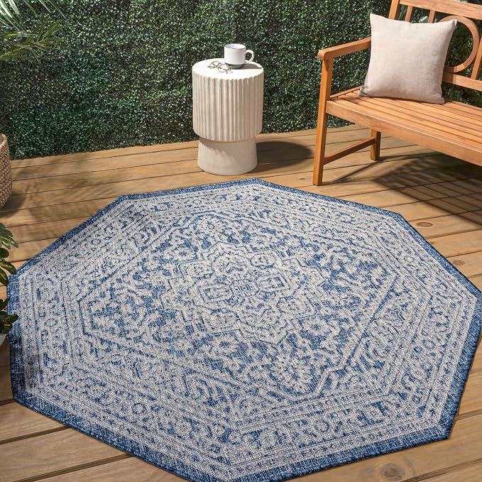 JONATHAN Y Medallion Weave Indoor Outdoor Octagon Area Rug 5 Ft Navy/Gray, Sinjuri Textured for Backyard, Patio, Porch, Easy-Cleaning, High Traffic, Pet-Friendly, Non-Shedding (SMB101B-5TGN)