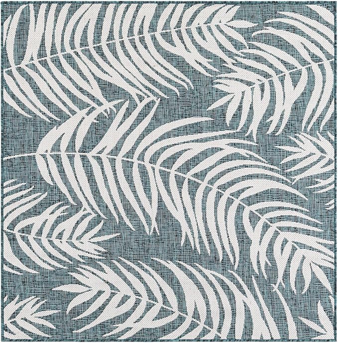 Unique Loom Outdoor Botanical Collection Area Rug - Palm (5' 3" Square Teal/Ivory)