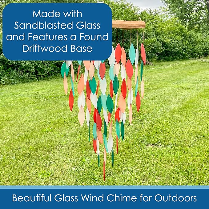Blue Handworks Coral and Teal Deluxe Waterfall Glass Wind Chime | Handcrafted Deluxe Waterfall Glass Wind Chime in Deep Forest Teal, Bright Aqua, Vivid Coral Orange and Soft Peach