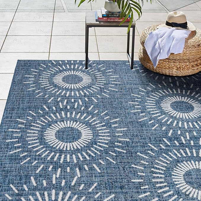 Gertmenian Indoor/Outdoor Flatweave Area Rug - 6x9 Medium, Stain & UV Resistant, Ideal for High Traffic Areas in Deck, Patio, Mudroom - Geometric, Navy, 32456