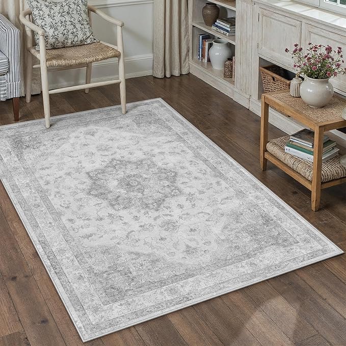 Grey 4x5 Washable Area Rug Living Room Vintage Oriental Carpet | Soft Low Pile, Non Slip, Stain Resistant, Floral Medallion, Neutral Retro Decor for Bedroom, Kids Room, Nursery, Office