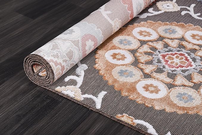 CAMILSON Indoor Outdoor Rug 6x9 Bohemian Medallion Floral Area Rugs for Indoor and Outdoor Patios Easy-Cleaning Non-Shedding Living Room Garden and Kitchen Washable Outside Carpet (6 x 9 / Brown)