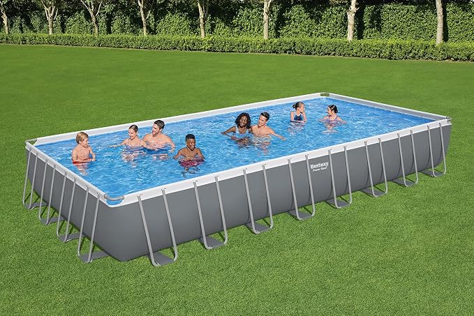 Bestway Power Steel Frame Pool Complete Set Square, with Sand Filter System, Ladder, Floor and Tarpaulin, 955x488x132 cm, Grey