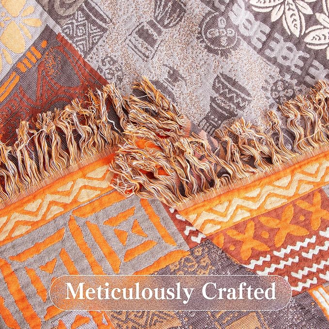 Phuryllic Boho Throw Blanket Twin Size, Soft Cozy Cotton Muslin Quilt Blanket for Bed Decor, Patchwork Block Couch Sofa Chair Cover, Vintage Farmhouse Cottage Tapestry Woven Blanket, Red&Orange