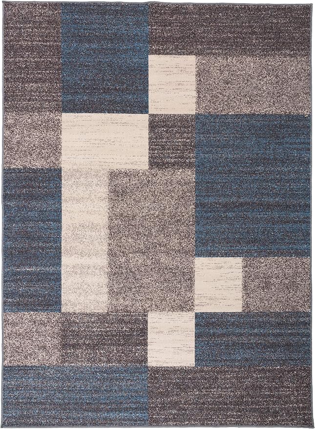 Rugshop Geometric Boxes Non-Slip Contemporary Area Rug Blue 7'10" x 10' | Non-Shedding, Rectangular, Size 7'10" x 10', Living Room, Bedroom, Dining Room, Home Office, Kitchen, Entryway, Hallway