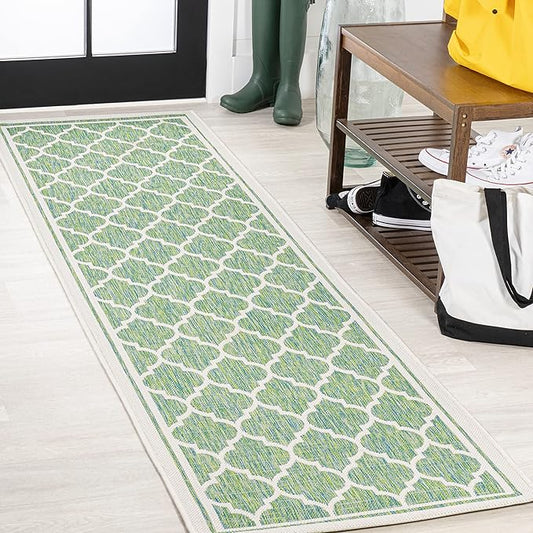 JONATHAN Y Moroccan Trellis Indoor Outdoor Runner Rug 2X8 Cream/Green, Trebol Textured Weave for Backyard, Patio, Porch, Easy-Cleaning, High Traffic, Pet-Friendly, Non-Shedding (SMB109I-28)