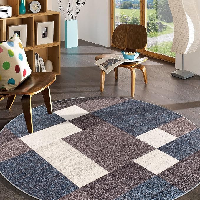Rugshop Modern Boxes Non-Slip Living Room Kitchen Round Rug Blue 8' | Round, Size 8', Bedroom, Dining Room, Home Office, Entryway, Hallway, Nursery, Kids Room, Guest Room, High Traffic Area