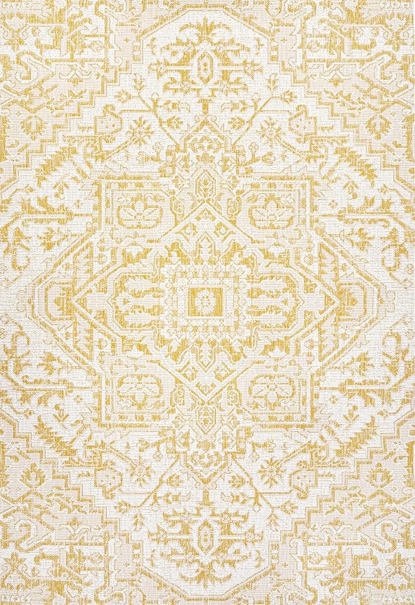 JONATHAN Y Boho Medallion Indoor Outdoor Area Rug 4X6 Cream/Yellow, Estrella Textured Weave for Backyard, Patio, Porch, Easy-Cleaning, High Traffic, Pet-Friendly, Non-Shedding (SMB105H-4)
