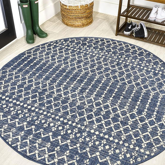 JONATHAN Y Moroccan Geometric Indoor Outdoor Round Area Rug 9 Ft Navy/Beige, Ourika Textured Weave for Backyard, Patio, Porch, Easy-Cleaning, High Traffic, Pet-Friendly, Non-Shedding (SMB108K-9R)