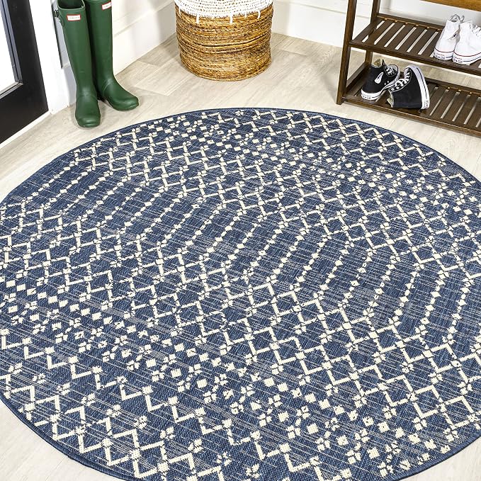 JONATHAN Y Moroccan Geometric Indoor Outdoor Round Area Rug 4 Ft Navy/Beige, Ourika Textured Weave for Backyard, Patio, Porch, Easy-Cleaning, High Traffic, Pet-Friendly, Non-Shedding (SMB108K-4R)