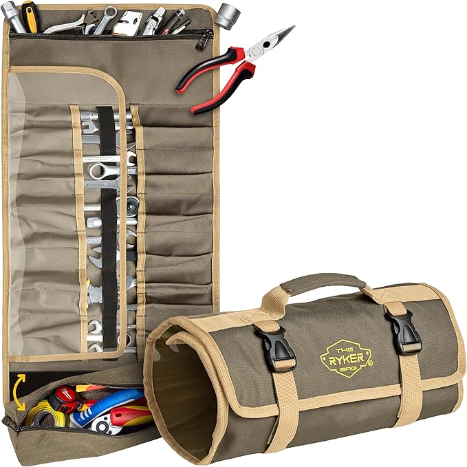 Ryker Wrench Roll Up Tool Bag Organizer. Soft Motorcycle rollup tool pouch | Heavy Duty Small Tool Roll Bag. Mechanics Storage Gifts for him. Multiple Pockets for Survival Overland Gear, Sockets & Tools