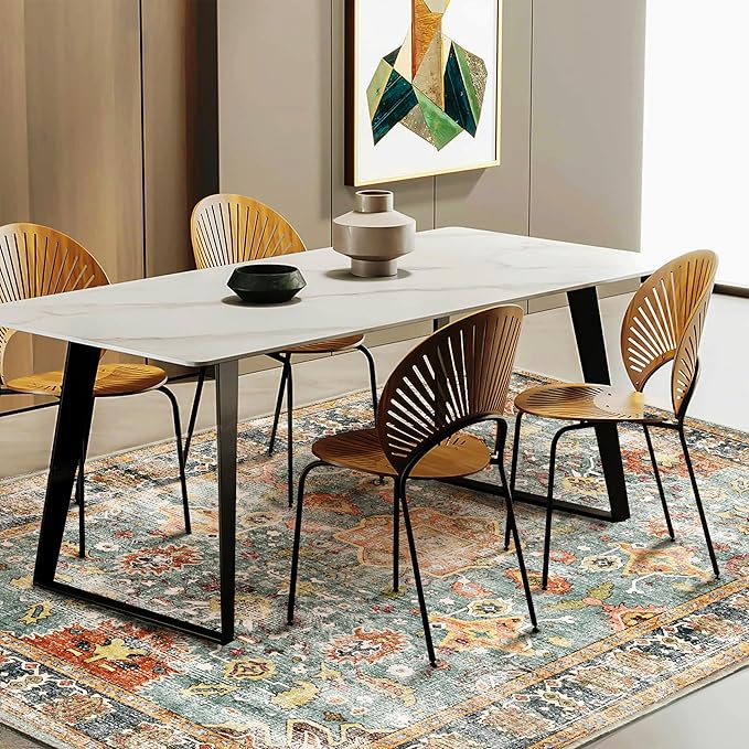 CHAMPLANT Area Rug 8'x10' Washable Rug Vintage Traditional Mat Distressed Indoor Foldable Thin Retro Accent Floral Print Non Slip Carpet for Living Room Dining Room Office