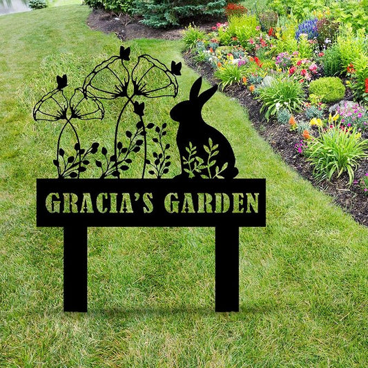 Custom Metal Rabbit and Flower Garden Stake, Bunny Metal Garden Sign, Personalized Easter Rabbit with Flower Sign, Farm Animal Sign, Pet Grave Marker, Rabbit Sympathy Gift, Pet Loss, Remembrance Stake