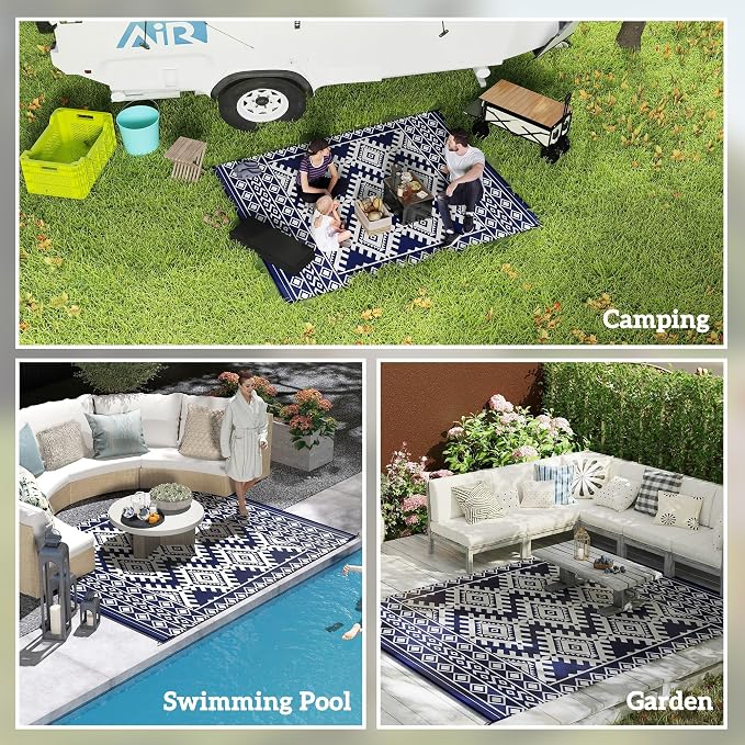 Outsunny Reversible Outdoor Rug, 8' x 10' Waterproof Plastic Straw Floor Mat, Portable RV Camping Carpet, Large Floor Mat for Backyard, Deck, Picnic, Beach, Blue & White Rhombus Border