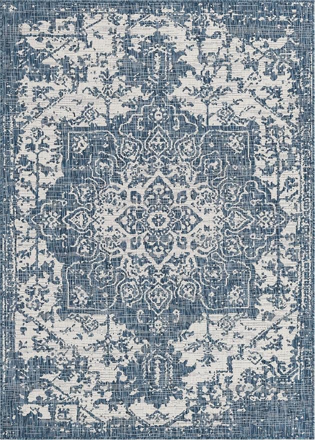 Unique Loom Outdoor Collection Area Rug - Dubai (5' 3' x 8' Rectangle, Blue/ Ivory)