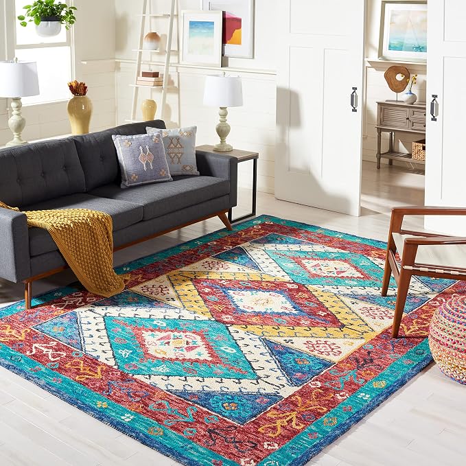 SAFAVIEH Aspen Collection Area Rug - 7' Square, Blue & Rust, Handmade Boho Tribal Wool, Ideal for High Traffic Areas in Living Room, Bedroom (APN525M)