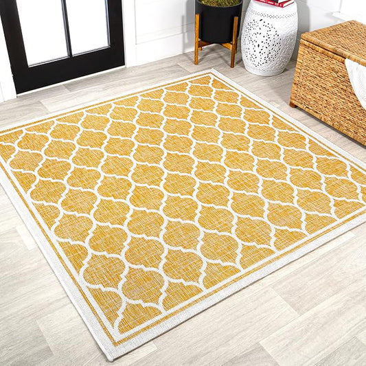 JONATHAN Y Moroccan Trellis Indoor Outdoor Square Area Rug 5X5 Yellow/Cream, Trebol Textured Weave for Backyard, Patio, Porch, Easy-Cleaning, High Traffic, Pet-Friendly, Non-Shedding (SMB109F-5SQ)
