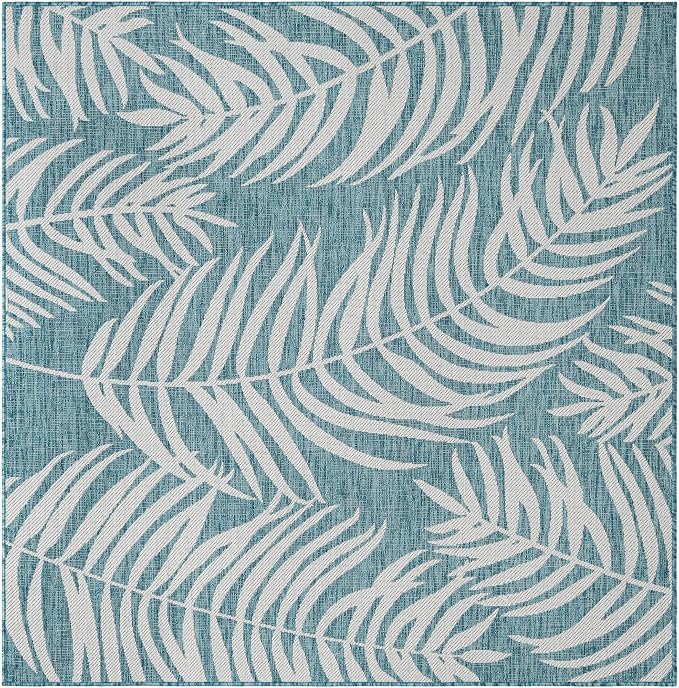 Unique Loom Outdoor Botanical Collection Area Rug - Palm (6' 1" Square Light Aqua/Ivory)