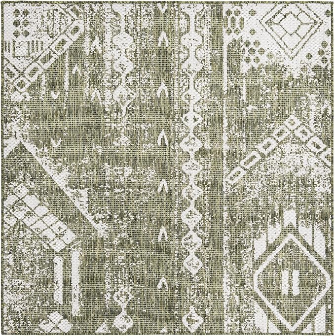 Unique Loom Outdoor Bohemian Collection Area Rug - Anthro (5' 3" Square, Green/ Ivory)