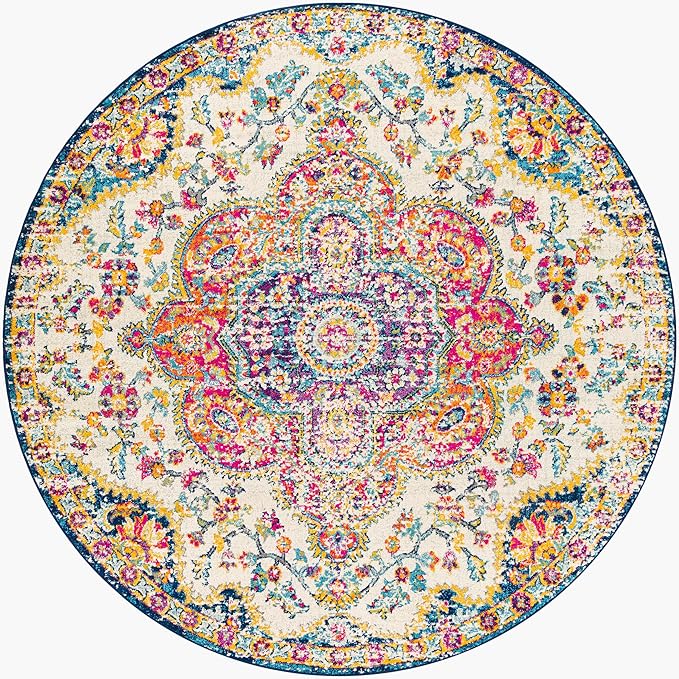 Livabliss Area Rugs - 7ft Round Romaine Vintage Boho Fuchsia Mustard Blue Round Area Rug for Living Room Bedroom - Floral Medallion Stain Resistant Carpet for Kitchen, Nursery, Office (6'7" Round)