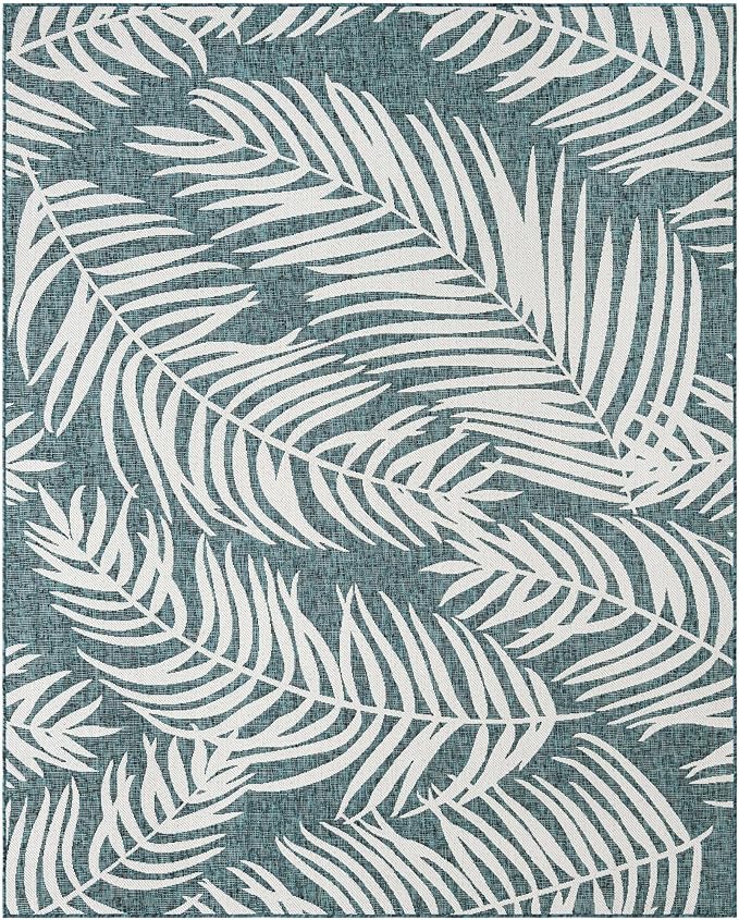 Unique Loom Outdoor Botanical Collection Area Rug - Palm (7' 10" x 10' Rectangle Teal/Ivory)